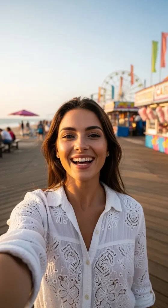 Woman at beach boardwalk during sunset.united states culture, route 66, american highway, desert landscape, sunset photography, foreign influencer, provocative travel wear, road trip adventure, iconic american landmarks, vintage road signs, freedom and individualism, southwest america, travel content, 9:16 vertical, tiktok aesthetic